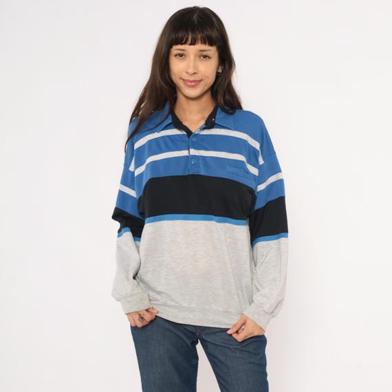 80s Polo Sweatshirt Blue Gray Black Striped Color Block Collared Placket Long Sleeve Pullover Rugby Top Vintage Casual Sporty Mens Small S