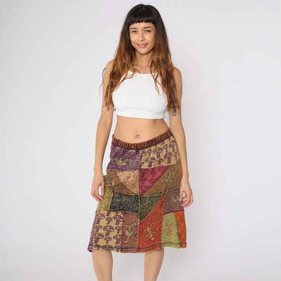 Vintage Y2K Hippie Boho Patchwork Skirt Brown Mushroom Floral Peach Sign Cotton Nepal Festival Bohemian Elastic Waist Kathmandu Large L