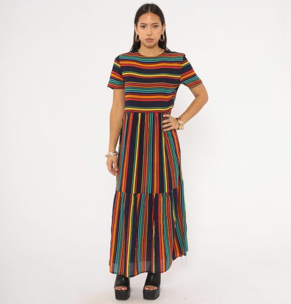 Rainbow Stripe Maxi Dress 2000s Multicolor Tiered Skirt Short Sleeve Colorful Navy Red Orange Yellow Green Blue Fitted Waist Summer Medium M