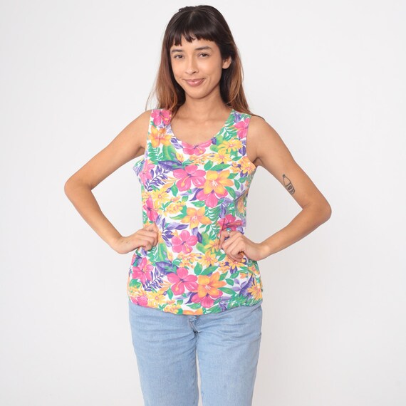 Floral Tank Top 90s Tropical Hawaiian Hibiscus Pink Orange Yellow Green Purple Cotton Summer Vacation Beach Bright Vintage Aloha Medium M