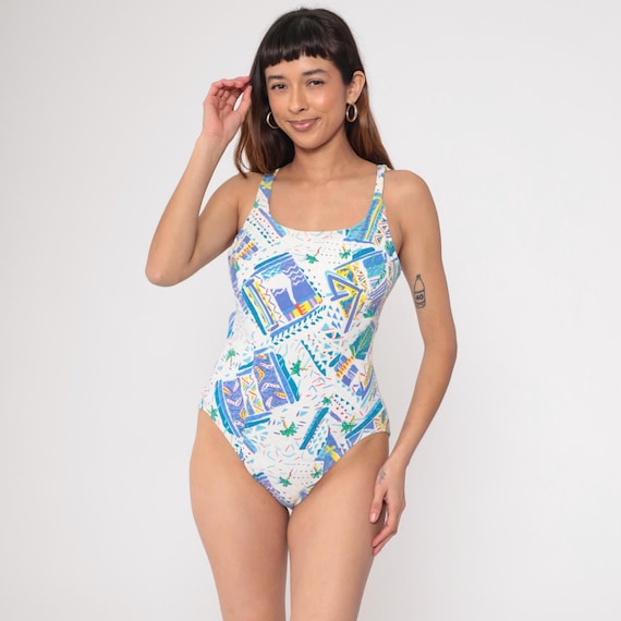 Tropical Bathing Suit 80s 90s Geometric One Piece Swim Suit White Swimsuit Keyhole Open Back Swimwear Vintage 1980s Medium to Large