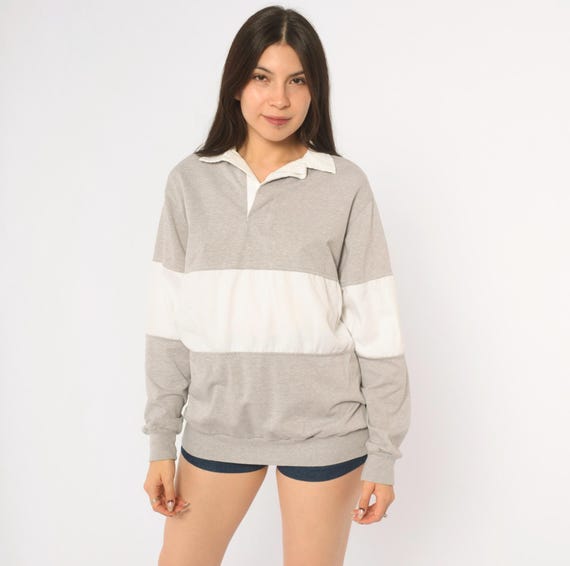 80s Grey Rugby Polo Shirt Color Block Cotton Long Sleeve White Stripe Collared Sweatshirt Preppy Collegiate Heather Gray Top Vintage Small S
