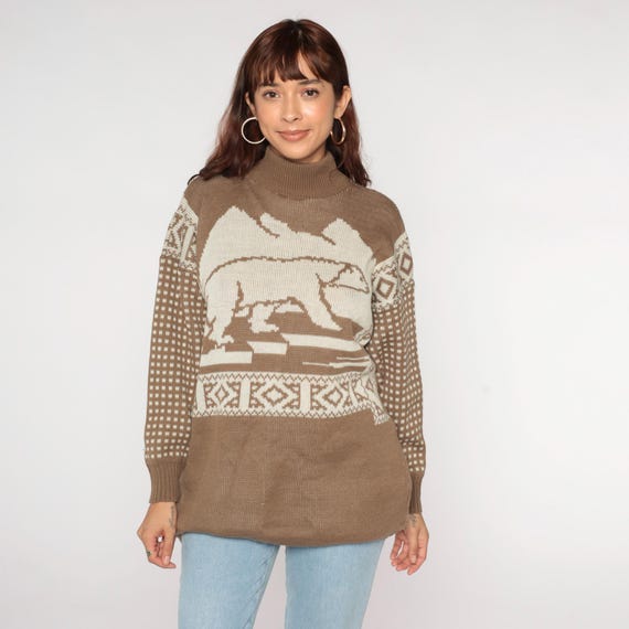Vintage Polar Bear Sweater 80s Brown Winter Mock Neck Pullover Animal Print Slouchy Hipster 1980s Retro Acrylic Knit Oversized Medium