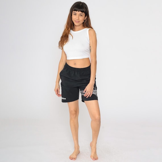 Vintage Adidas Shorts 90s Black Nylon Athletic Gym Trefoil Logo Track Shorts 1990s Sportswear Workout Streetwear Small S Unisex