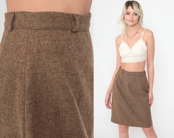 70-tals pennkjol brun ullblandning hög midjad minikjol preppy wiggle retro sekreterare enkel neutral vintage 1970-tals liten S