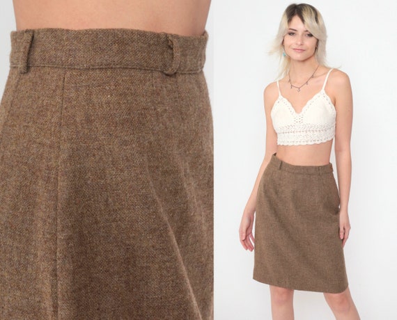 70s Pencil Skirt Brown Wool Blend High Waisted Mini Skirt Preppy Wiggle Retro Secretary Basic Neutral Vintage 1970s Small S