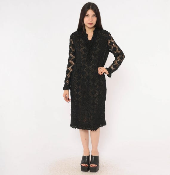 70s Black Crochet Lace Dress Open Knit Sheer Long Sleeve Split Neck Metallic Sparkle Gothic Fall Autumn Whismigoth Party Vintage Small S