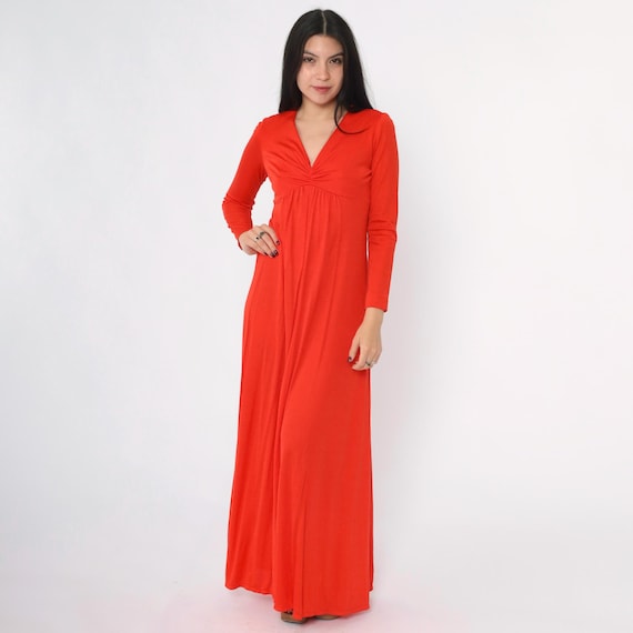 70s Disco Maxi Dress Red Party Dress  Boho Empire Waist Deep V Neck Gown 1970s Grecian Formal Dress Long Sleeve Small S