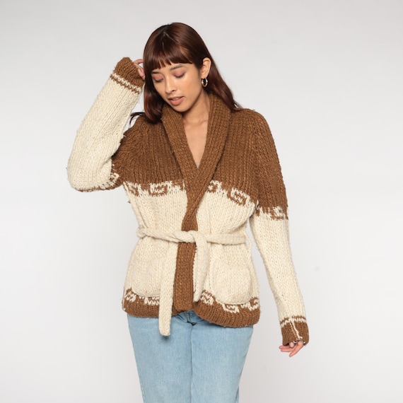Southwest Cardigan 70s Brown Cream Belted Wrap Chunky Knit Shawl Collar Pockets Wool Duster Sweater Winter Woodsy Camping Vintage Medium M