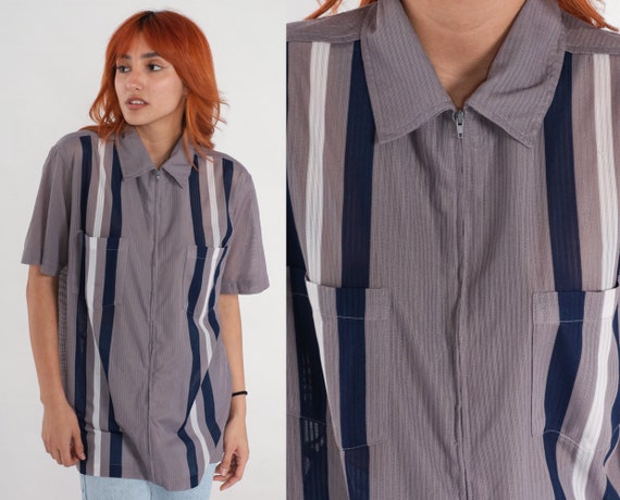 Grey Zip Up Shirt 90s Striped Does 70s Top Short Sleeve Zip Up Pocket Shirt Retro T Shirt Vintage 1990s Blue White Medium