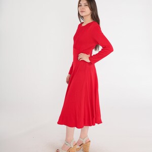 Plain Red Dress 80s Midi Bright Day Dress Pleated High Waisted Secretary 1980s Vintage Long Sleeve Plain Basic Casual Medium image 4