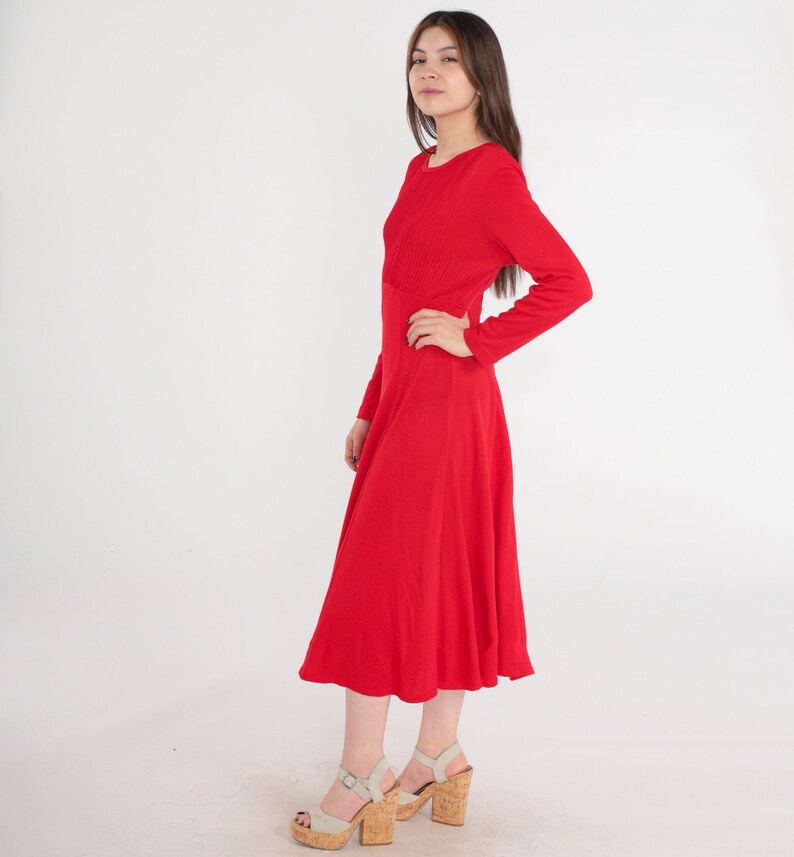 Plain Red Dress 80s Midi Bright Day Dress Pleated High Waisted Secretary 1980s Vintage Long Sleeve Plain Basic Casual Medium image 4