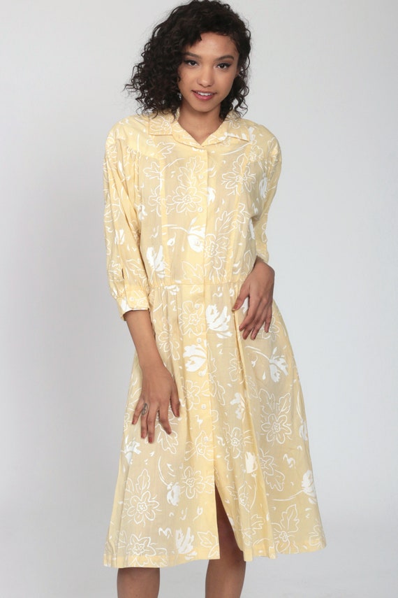 80s Floral Dress Yellow Midi Dress Dolman Sleeve … - image 4