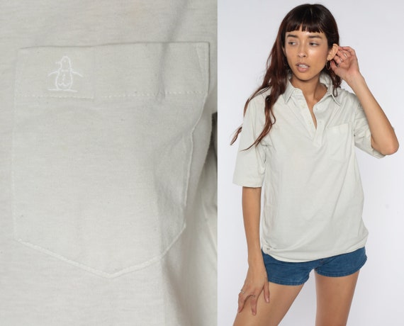 Munsingwear Polo Shirt PENGUIN Shirt 80s Shirt Half Button Up Collared Pocket Grey 70s Short Sleeve Retro Vintage Raglan Small Medium