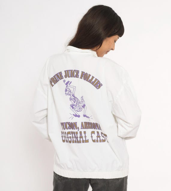 Prune Juice Follies Windbreaker 90s White Zip Up Jacket Purple Graphic Back Print Cotton Lightweight Coat Ivory Tucson Arizona Unisex Large