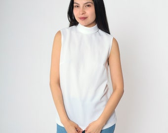 70s White Turtleneck Top Sleeveless Turtle Neck Shirt Retro High Neck Tank Top Mod Boho Vintage 1970s Ribbed Polyester Knit Small