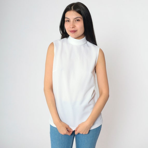 70s White Turtleneck Top Sleeveless Turtle Neck Shirt Retro High Neck Tank Top Mod Boho Vintage 1970s Ribbed Polyester Knit Small