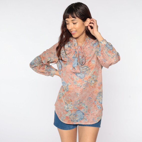 Floral Shirt Ascot Blouse 70s Neck Tie Top Vintag… - image 2