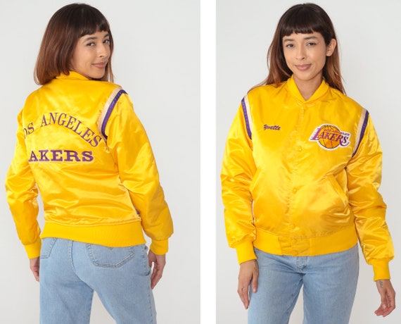 LA Lakers Jacket 80s Yellow Satin Bomber Jacket Basketball Windbreaker NBA Snap up Yvette Name Retro Sportswear Vintage 1980s Starter Small Etsy Ireland