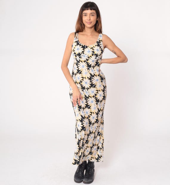 Daisy Maxi Dress 90s Black Yellow White Blue Floral Tank Top Sleeveless Fitted Summer Festival Vintage Long Sundress Grunge Beach Small S