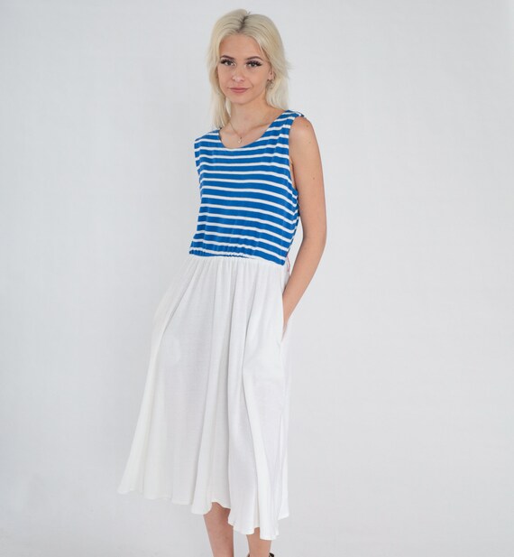 70s Midi Dress Blue White Striped Day Dress Retro High Waisted Sleeveless Sundress Mod Nautical Sun Dress Summer Vintage 1970s Small Medium