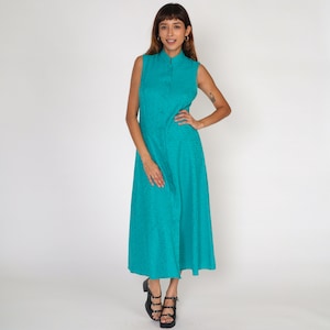 Teal Green Dress 90s Floral Embossed Maxi Dress Button up Sundress Ankle Length Sleeveless Sun Day Dress Retro Boho Vintage 1990s Small S