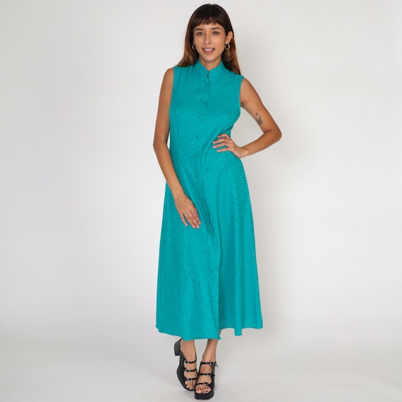 Teal Green Dress 90s Floral Embossed Maxi Dress Button up Sundress Ankle Length Sleeveless Sun Day Dress Retro Boho Vintage 1990s Small S