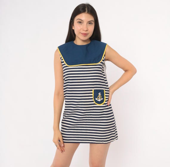 60s Nautical Mini Sailor Dress Navy White Striped Cotton Sleeveless Anchor Embroidered Blue Stripe Mod Summer Beach Petite Extra Small XS
