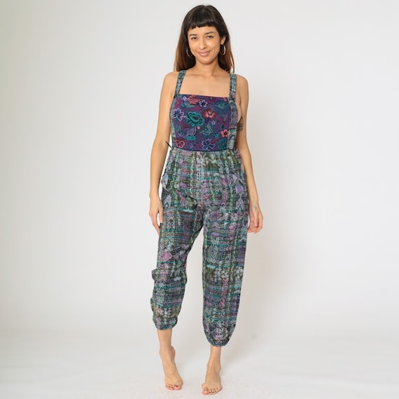 Guatemalan Patchwork Overalls Pants Floral Bird Tapestry One Piece Jumpsuit Ikat Romper Pants Boho Open Sides Festival Bohemian Medium Large