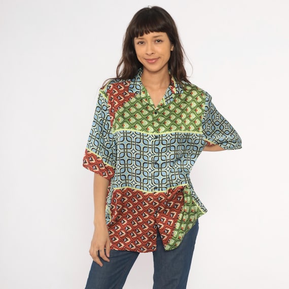 Y2K Bohemian Shirt Geometric Patchwork 2000s Colorblock Silky Blouse Green Blue Red Tile Pattern Short Sleeve Unisex Vintage Top Small S