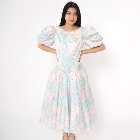 Vintage 80s Pastel Floral Dress Puff Sleeve Formal Summer Midi Basque Waist Garden Party Prom Dress Summer Blue Pink Small S