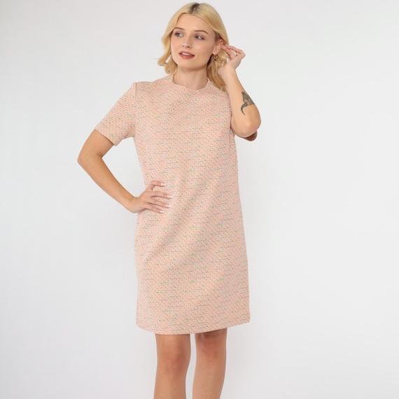 Vintage Mod Mini Dress Orange Micro Dot Print 60s 70s Shift Poly Short Sleeve Textured Dress 1960s Gogo Twiggy Minidress Small Medium
