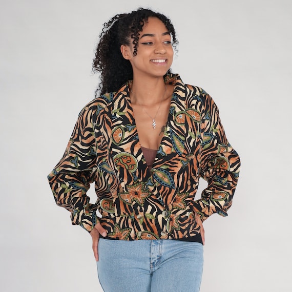 Silk Tiger Windbreaker Jacket 00s Deep V Neck Floral Jacket Striped Slouchy Black Burnt Orange Vintage Women Retro Large