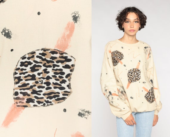 Animal Print Shirt 80s Abstract Brushstroke Print Top Long Sleeve Slouchy Leopard Cheetah Print Retro Statement Vintage 1980s Cotton Large L