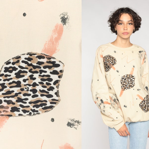 Animal Print Shirt 80s Abstract Brushstroke Print Top Long Sleeve Slouchy Leopard Cheetah Print Retro Statement Vintage 1980s Cotton Large L