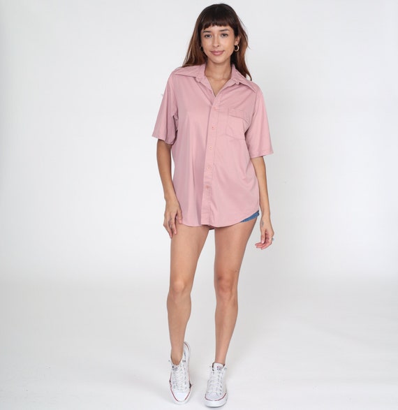 Dusty Pink Shirt 70s Button Up Dagger Collared Top Retro Hippie Disco Shirt Pastel Plain Short Sleeve Vintage 1970s Men's 16 1/2 Large