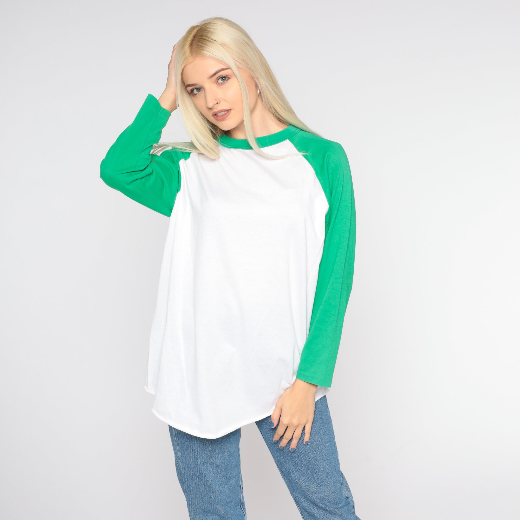 Vintage Baseball Tee 80s White Green Ringer Tshirt Retro Raglan TShirt
