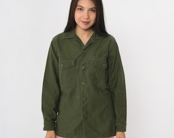 80s Military Shirt Army Green Utility Button Down Vintage Oversized Grunge Streetwear Cargo Tactical Worn Faded Surplus Classic Small S
