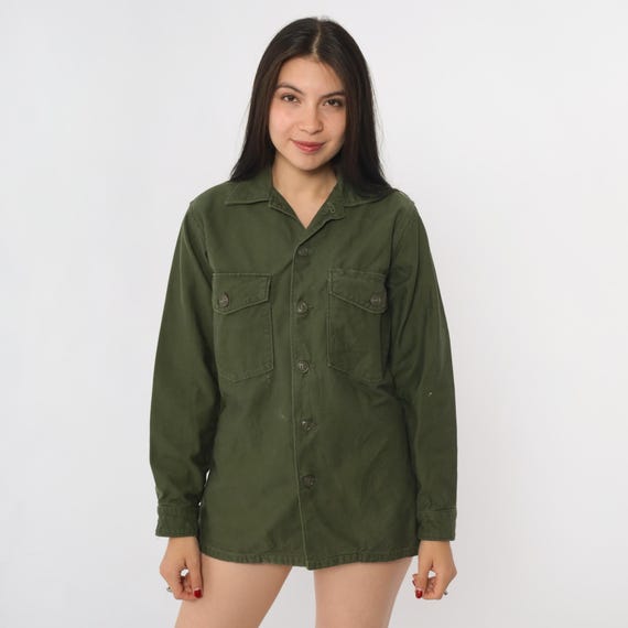80s Military Shirt Army Green Utility Button Down Vintage Oversized Grunge Streetwear Cargo Tactical Worn Faded Surplus Classic Small S