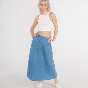 Denim Maxi Skirt 90s Long Jean Skirt High Waisted Medium Wash Blue Retro A-Line Skirt Vintage Pocket Skirt Casual 1990s Small