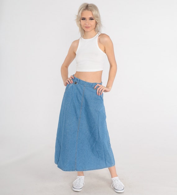Denim Maxi Skirt 90s Long Jean Skirt High Waisted Medium Wash Blue Retro A-Line Skirt Vintage Pocket Skirt Casual 1990s Small