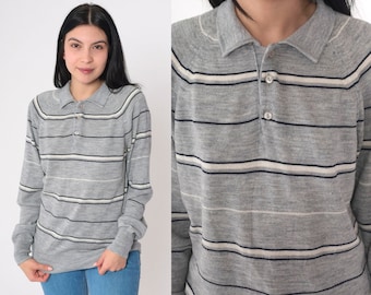 Grey Striped Sweater 80s Polo Sweater Collared Knit Pullover Half Button up Jumper Raglan Sleeve White Black Preppy Vintage 1980s Medium M