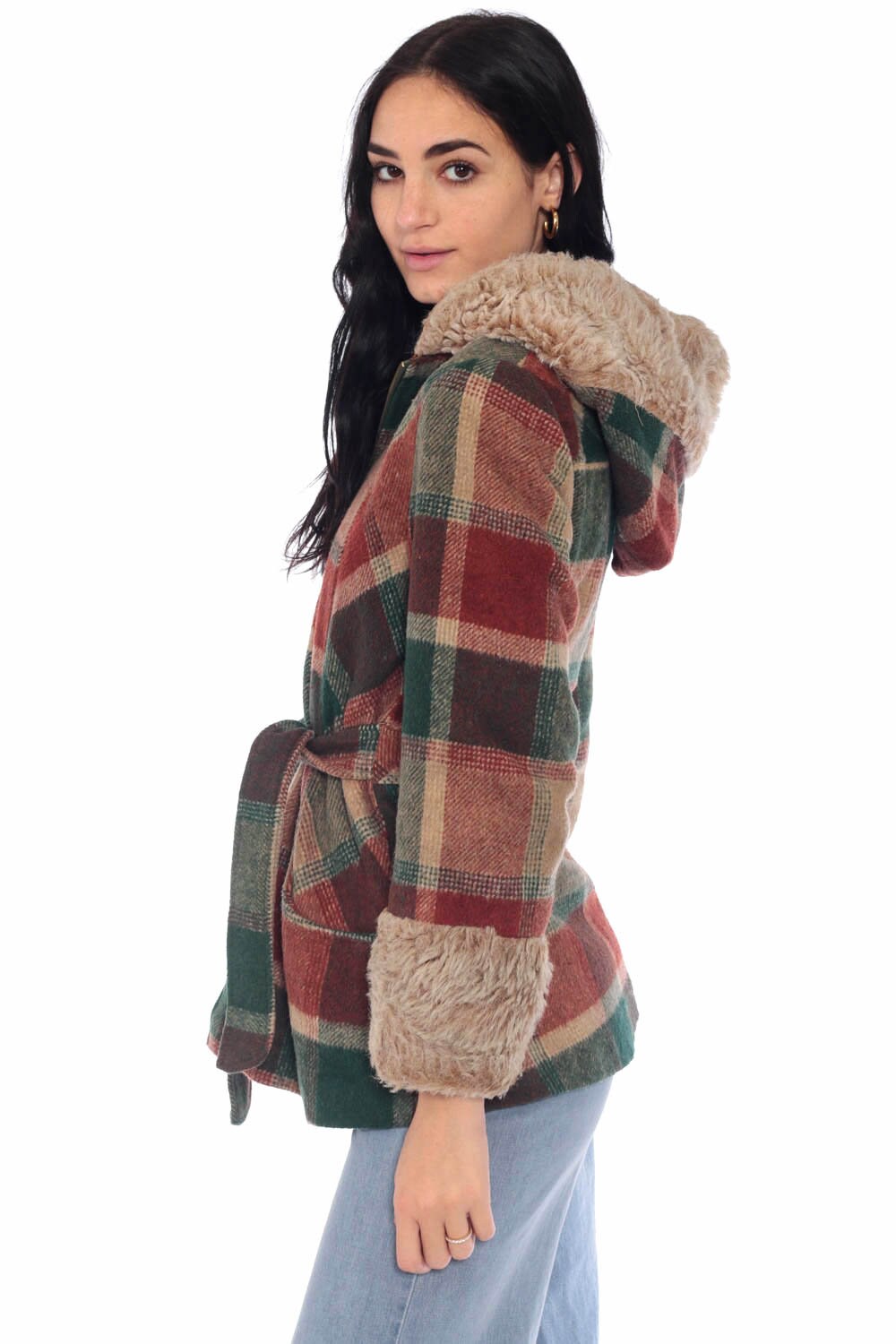HOODED Wool Coat 70s Plaid Jacket Hoodie FAUX FUR Trim Hood Hippie Mod Winter Vintage Boho 