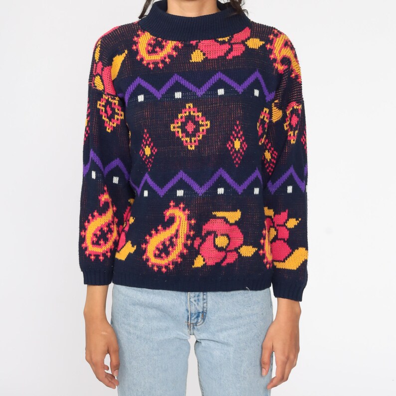 Floral Sweater 80s Navy Blue Paisley Sweater Graphic Print Knit Slouchy 1980s Pullover Pink Vintage Hipster Jumper Kawaii Medium