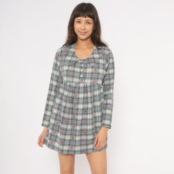 90s Maternity Floral Plaid Dress Babydoll Button Front Peter Pan Collar Long Sleeve Cotton Mini Pink Rose Grunge Prairie Gingham Medium M