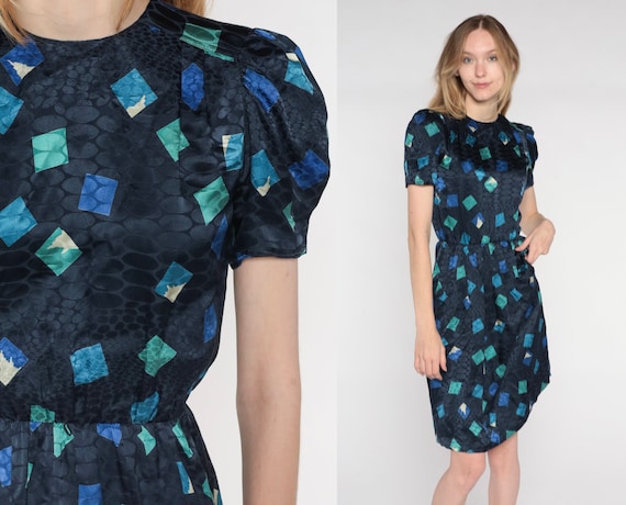 80s Puff Sleeve Dress Navy Blue Silk Midi Dress Embossed Scales Geometric Print High Waisted Secretary Vintage 1980s 2xs Extra Small xs