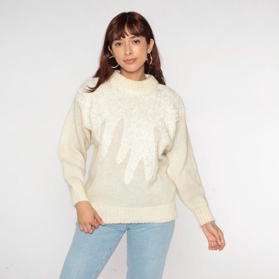 Vintage Cream Lace Sweater 80s Soutache Detail Faux Mohair Textured Fuzzy Knit Pullover Long Sleeve Top 1980s Shaggy Medium M