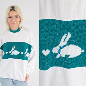 Kanintröja Metallisk kanintröja 80-90-tal Vit blågrön djurtröja Hjärtringad dubbelkrage Grafisk skjorta Kawaii Vintage Stor bild 2