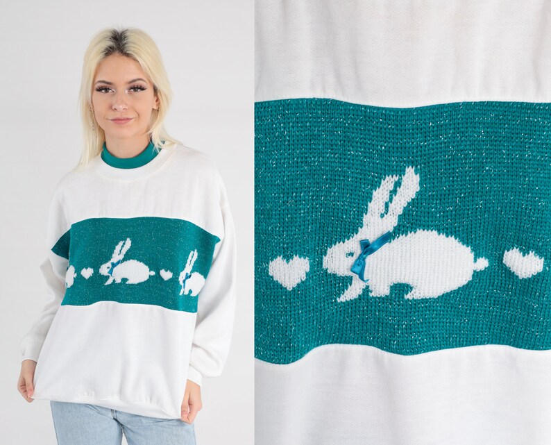 Kanintröja Metallisk kanintröja 80-90-tal Vit blågrön djurtröja Hjärtringad dubbelkrage Grafisk skjorta Kawaii Vintage Stor bild 2