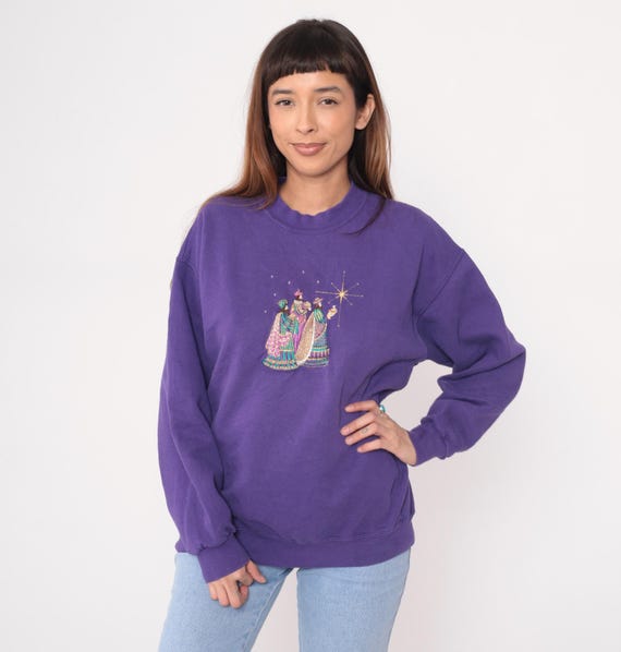 Purple Christmas Sweatshirt 90s Three Wise Men Magi Star Bethlehem Embroidered Holiday Religious Vintage Pullover Nativity Winter Large L